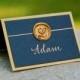 Navy and Gold Calligraphy Place Cards - Double Backed with Gold Wax Seal in Monogram, Fleur-de-lis, Oak Tree, Cross, Compass or Anchor