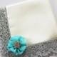 Custom Color (Aqua Blue) Wedding Hanky, Bridal Shower Gift, Mother of Bride Satin Handkerchief w/ Silver Lace, Organza Flower&Rhinestone