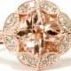 Vintage Morganite & Diamond Engagement Ring Cushion Morganite Antique Milgrain Ring 14K Rose Gold Halo Vintage Antique Floral Style Size 4-9