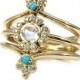 Art Deco Boho Engagement Ring Set with Moonstone, Turquoise and Diamonds - Yellow, Rose or Palladium White Gold