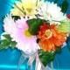 50% OFF COUPON, Bridal Bouquet With Gerbera Daisies in Pastels and Brights With Peach Colored Satin Wrapped Stems and Ribbons