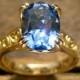 Large Blue Sapphire Engagement Ring in 18K Yellow Gold with Double Claw Prongs and Scrolls on Shank & Basket Size 7