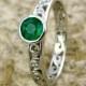 Dark Green Emerald Engagement Ring in 14K White Gold with Diamond Accents in Scroll Motif Size 6