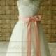 Ivory Lace Applique Flower Girl Dress Ankle Length with Blush Pink Sash and Bow