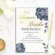 Navy Bridal Shower Invitation Printable Flower, Floral Bridal Shower Invite, Navy Gold, Digital, Wedding Shower Invitation, PDF, Template