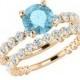 1.20 ct Aquamarine & 1.35 ct Diamond Engagement Wedding Set, Aquamarine Bridal Sets for Women, Shared Prong Engagement Rings, Diamond Rings