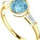 Aquamarine & Diamond Baguette Side Stones Engagement Ring - Three Stone Rings 14k or 18k Yellow Gold, 1 Carat Aquamarine Rings Gemstone Ring