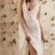 Beautiful low back and low bust lace wedding dress with frilly silk chiffon detail and dreamy silk chiffon skirt