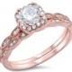 Art Deco Ring Rose Gold HALO Engagement Ring Sterling Silver Round Cut CZ Stone Simulated Diamond Wedding Bridal Band Ring Set Size 4-11