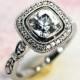 Old Mine Cut White Sapphire and Diamond Vintage Style Halo 14K White Gold Engagement Ring
