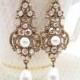 Champagne Bridal earrings, Wedding jewelry, Pearl Wedding earrings, Vintage style earrings, Swarovski Earrings, Antique gold earrings