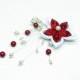 PIN clip-behind red and white flower wedding satin beading Pearly swarovski crystal