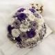 Noble Wedding Bouquet Royal Blue Ivory Purple Roses with Crystals Jewels Satin Ribbon Pearls Bow Knot Bridal Bouquet Handmade Wedding Flower