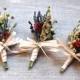 Fall Winter  or Holiday Wedding  Boutonniere or Corsage of Gilded Gold Wheat, Dried  Lavender, Rosebud, Celosia, Flax and Dried Flowers