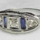 Art Deco Engagement Ring Antique Fleur e Lis Past Present Future 18k Filigree Diamond Ring 1920s 0.50cttw diamond 0.20cttw sapphires