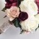 Marsala, burgundy, ivory, silk bridal bouquet, roses, peony, rustic, autum wedding