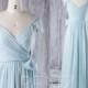 2016 Baby Blue Bridesmaid Dress, Cap Sleeves Wedding Dress, V Neck Prom Dress with Bow, Long Chiffon Evening Gown Floor Length (H183)