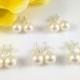 Set of 6 Pairs Bridesmaids Pearl Earrings - Bridal Pearl Ear Studs Cream Or White Swarovski Pearls Post Earrings 8mm Flower Girl
