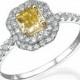 Emerald Cut Engagement Ring, 18K White Gold Ring, 0.71 TCW Double Halo Ring, Fancy Yellow Diamond Engagement Ring Size 5.75
