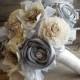 Ready to Ship ~~~ Rustic Winter Bridal Bouquet Large, Sola Flowers, Silver Satin Ribbon Roses, Rhinestones