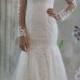 Sweetheart long sleeves white lace court train mermaid see through back wedding dress