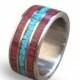 Titanium mens ring with amaranth wood and turquoise inlay