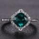 Emerald Engagement Ring Cushion Cut Ring 14K White Gold Emerald Ring May Birthstone Ring Diamond Halo Ring Pave Diamond Wedding Ring