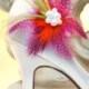 Shoe Clips Fuschia Guinea Feathers. Spring Wedding Flowers White / Ivory Pearls. Big Day Bride Bridal Bridesmaid Pins, Edgy Cheerful Bright
