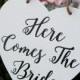 Here Comes The Bride Sign Rustic Wood White Wedding Sign Wood Heart Flower Girl Sign Ring Bearer Sign Shabby Chic Woodland Wedding