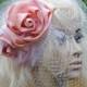 Bridal headpiece peach pink rose garland with birdcage veil