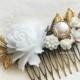 White Wedding Bridal Hair Comb Vintage Style Flower Hair Slide with Gold Leaves Romantic Victorian Headpiece Hair Adornment JW