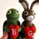 AdoraWools Tortoise and The Hare - Felted Bunny Rabbit and Turtle with Red Heart - Bridal Gift -Bride Groom - Wedding Cake Topper