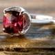 Marsala Red Garnet Engagement Ring in 14K White Gold with Diamonds and Scroll Detail Size 5