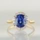 Antique Victorian Diamond Halo, Gold and Platinum Engagement Ring with 3.75 Carat Oval Brilliant Cut Sapphire Center R487