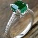 Emerald Engagement Ring in 14K White Gold with Diamonds Scrolls and Double Claw Prongs Size 6