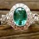 Oval Green Emerald Engagement Ring in 14K White Gold with Flowers and Leafs on Vine Motif and Diamonds Size 6.5