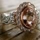 Oval Morganite Engagement Ring in Two Tone 14K White & Rose Gold with Diamonds in Halo, Flowers and Leafs Size 3.5