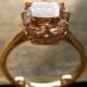 Checker Board Salmon Colored Morganite Engagement Ring in 14K Rose Gold with Scrolls on Basket Size 7