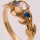Leaves Engagement Ring No. 8 - 14K Gold and Diamond engagement ring, 3 Stone Ring, Three stone ring, engagement ring, leaf ring, sapphire