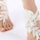 Free Ship ivory or white flexible ankle sandals, laceBarefoot Sandals, french lace, Beach wedding barefoot sandals