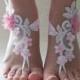 Free Ship ivory or white pink floral barefoot sanddals, flexible ankle sandals, Barefoot Sandals, Beach wedding barefoot sandals
