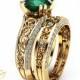 2 Carat Emerald Engagement Ring Set Unique 14K Yellow Gold Rings Emerald Bridal Set Filigree Engagement Rings