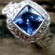 Vine Ring with Blue Sapphire and Diamonds in 18K White Gold Vintage Inspired Flower & Leaf Setting Size 4