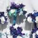Brenda  Bridesmaids Bouquets with Blue Orchids, Off White Open Roses,Purple Hydrangeas
