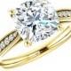 8mm (2.5 carat) Cushion Forever One Moissanite & Diamond Cathedral Engagement Ring 14k or 18k Yellow Gold, Moissanite Engagement Rings