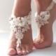 Free ship champagne ivory lace Barefoot Sandals, lace, shoes, Gothic, Wedding, beach wedding barefoot sandals