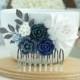 Wedding Comb Navy Blue Pearl Leaf Comb Beige Cream Unique Flower Comb Vintage Rustic Blue Ivory Wedding Something Blue Comb Bridesmaids Gift
