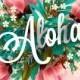 Aloha Hawaii. Hand lettering with hibiscus pink lily, orchid, plumeria flowers, palm leaf. Vector illustration