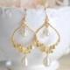 Gold Bridal Earrings, Swarovski Teardrop Cream White Pearl Wedding Earrings, Statement Chandelier Earrings, Bridesmaid Earrings