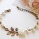 Bridal Bracelet, Wedding Bracelet, Wedding Jewelry. White Flower Cream Ivory Pearls Antiqued Brass Leaf Bracelet, Bridesmaid Bracelets